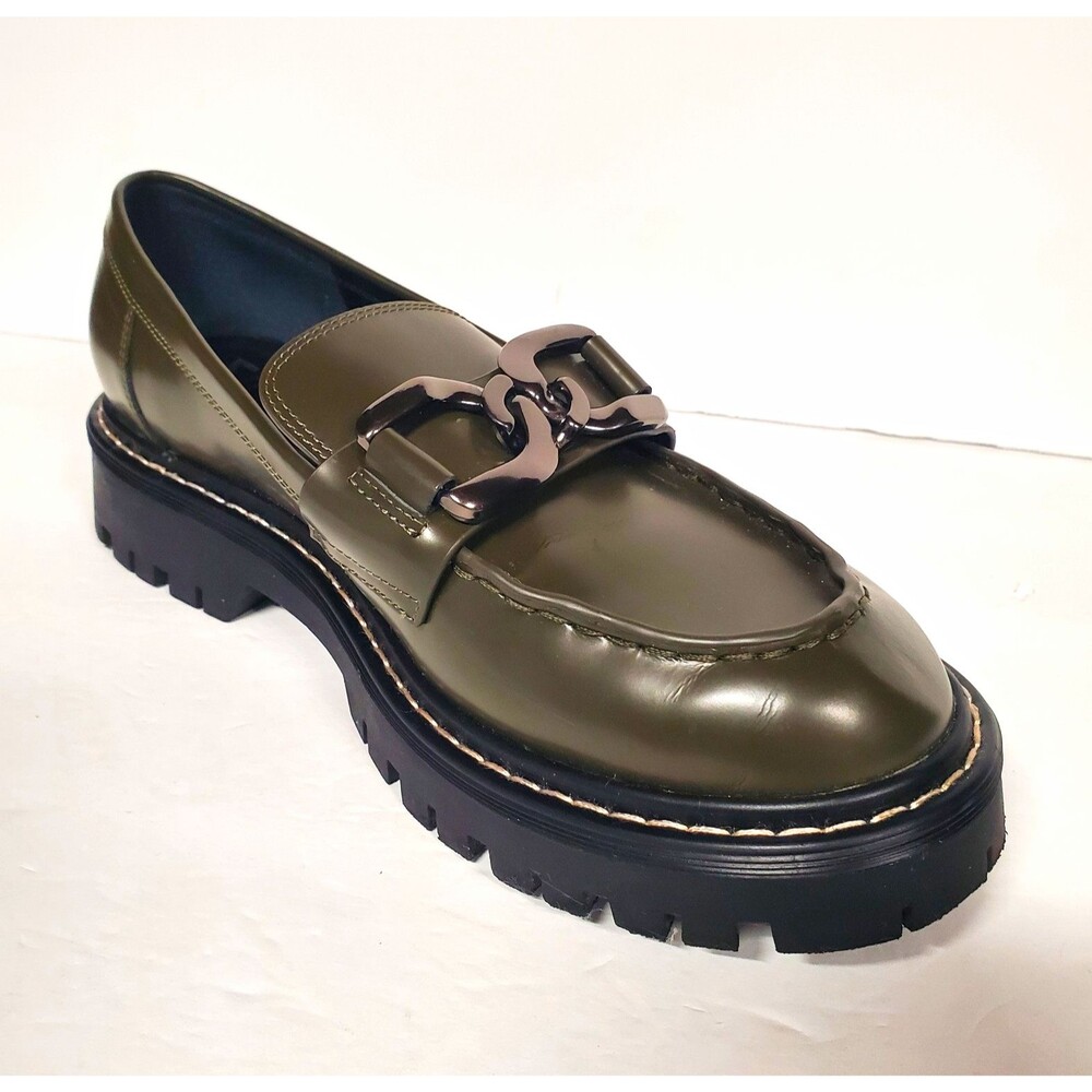 Marc Fisher Triisca green leather chain platform lug sole loafer shoes 9 NWOB